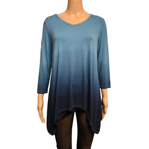 Blue Ombre Stretchy Cold Shoulder Asymmetrical Top - Picture 1 of 10